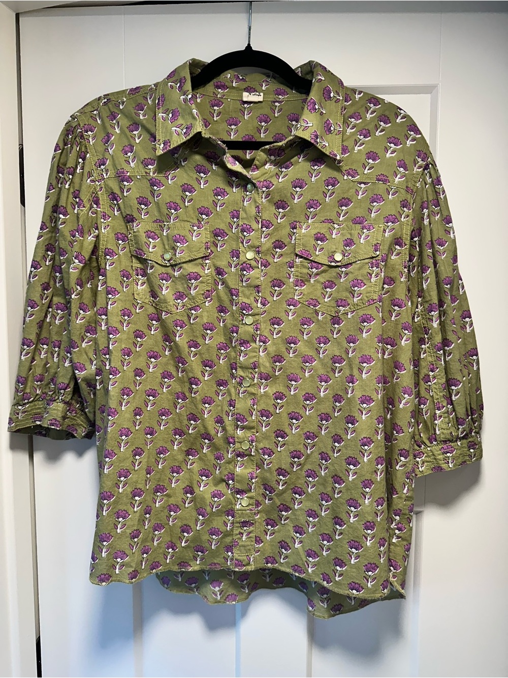 Ivy Jane Green Floral Button-Up Shirt with Purple Print
